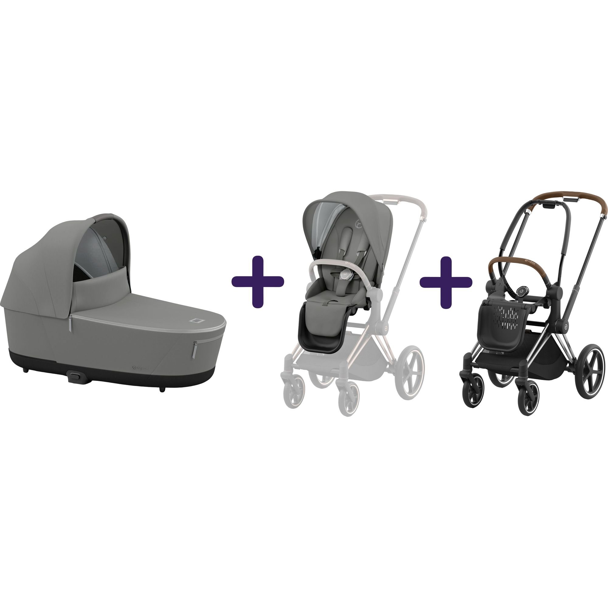 Люлька Cybex Priam Lux Conscious Collection Pearl Grey + Текстиль для прогулянкового блоку Cybex Priam Conscious Collection Pearl Grey + Шасі Cybex Priam з каркасом LS RBA Chrome Brown - фото 1