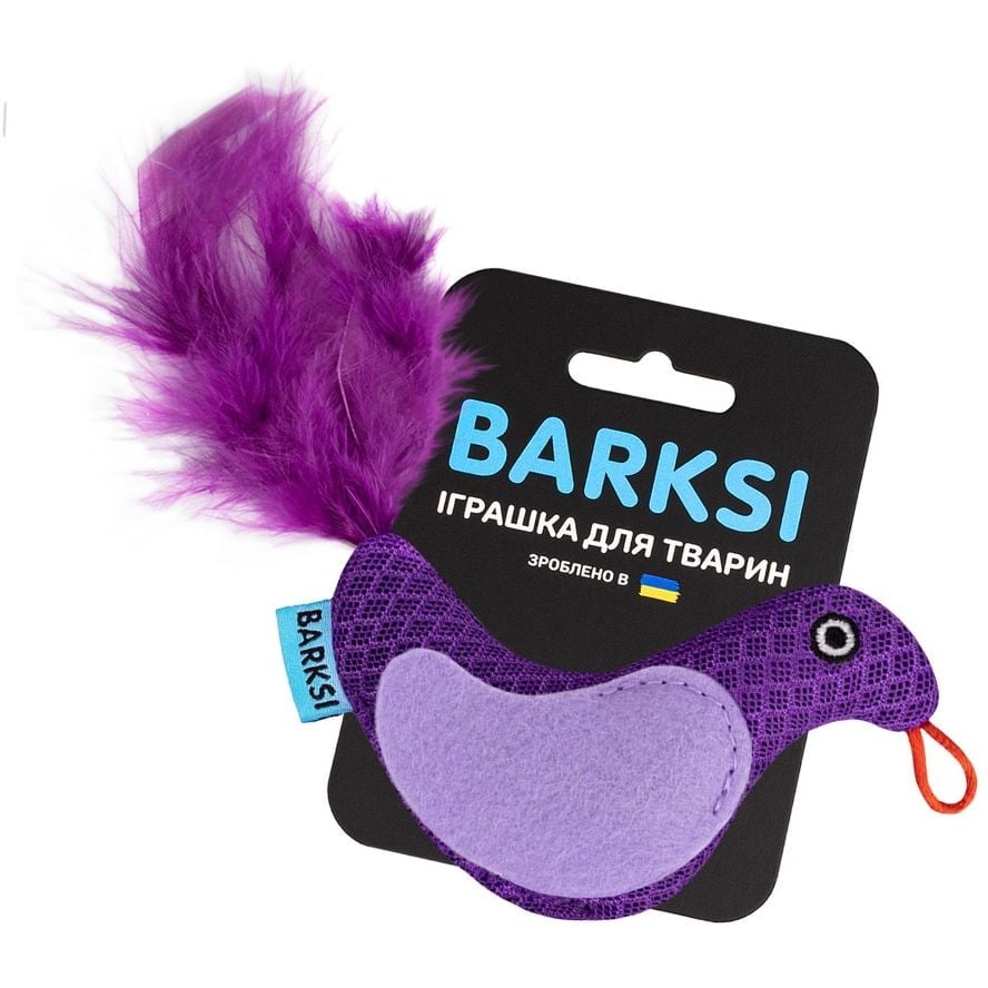 Игрушка для кошек Barksi Птичка с колокольчиком и перьями 9х8 см фиолетовая - фото 2