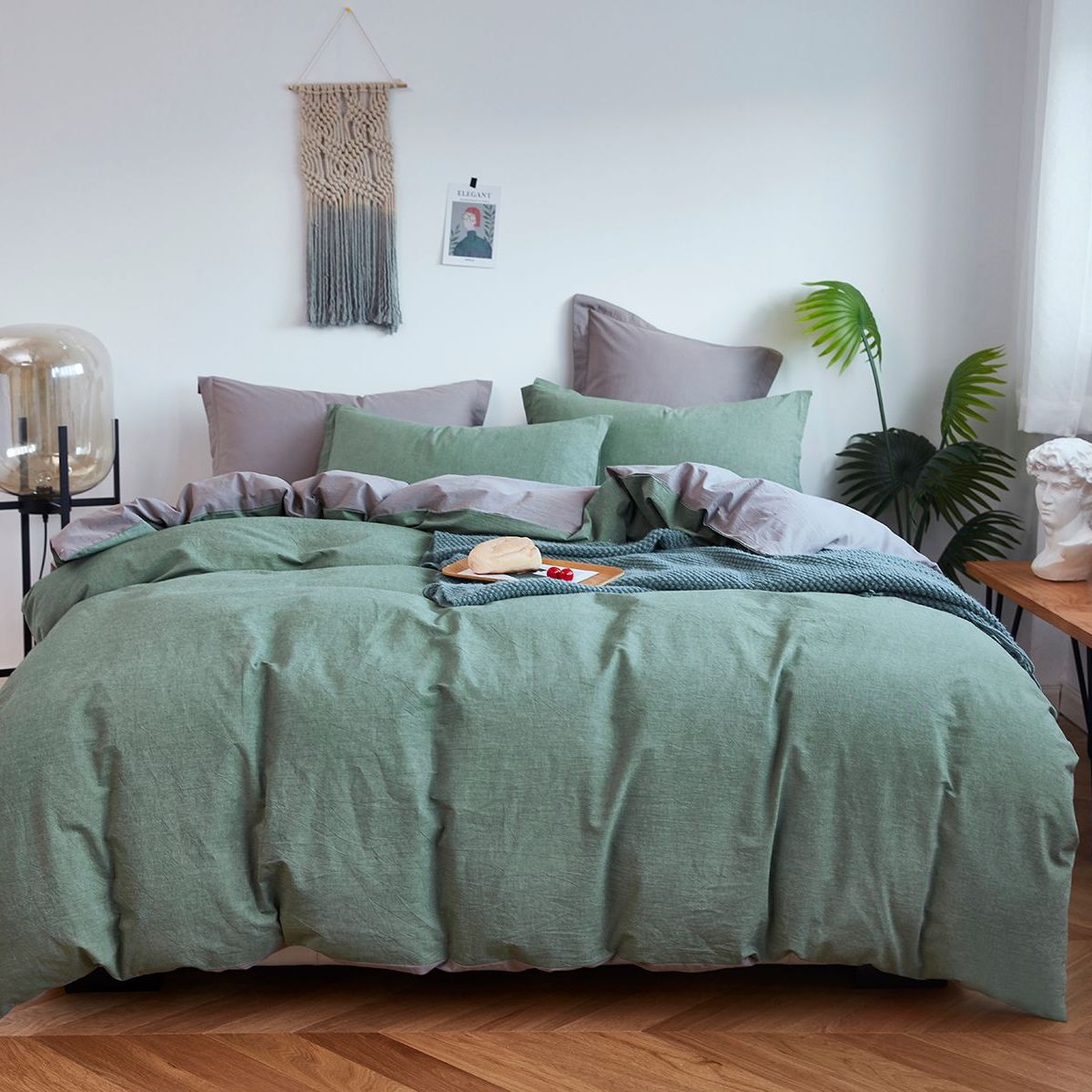 Комплект постельного белья Love You, вареный хлопок, евростандарт, зеленый с серым (62025) - фото 1