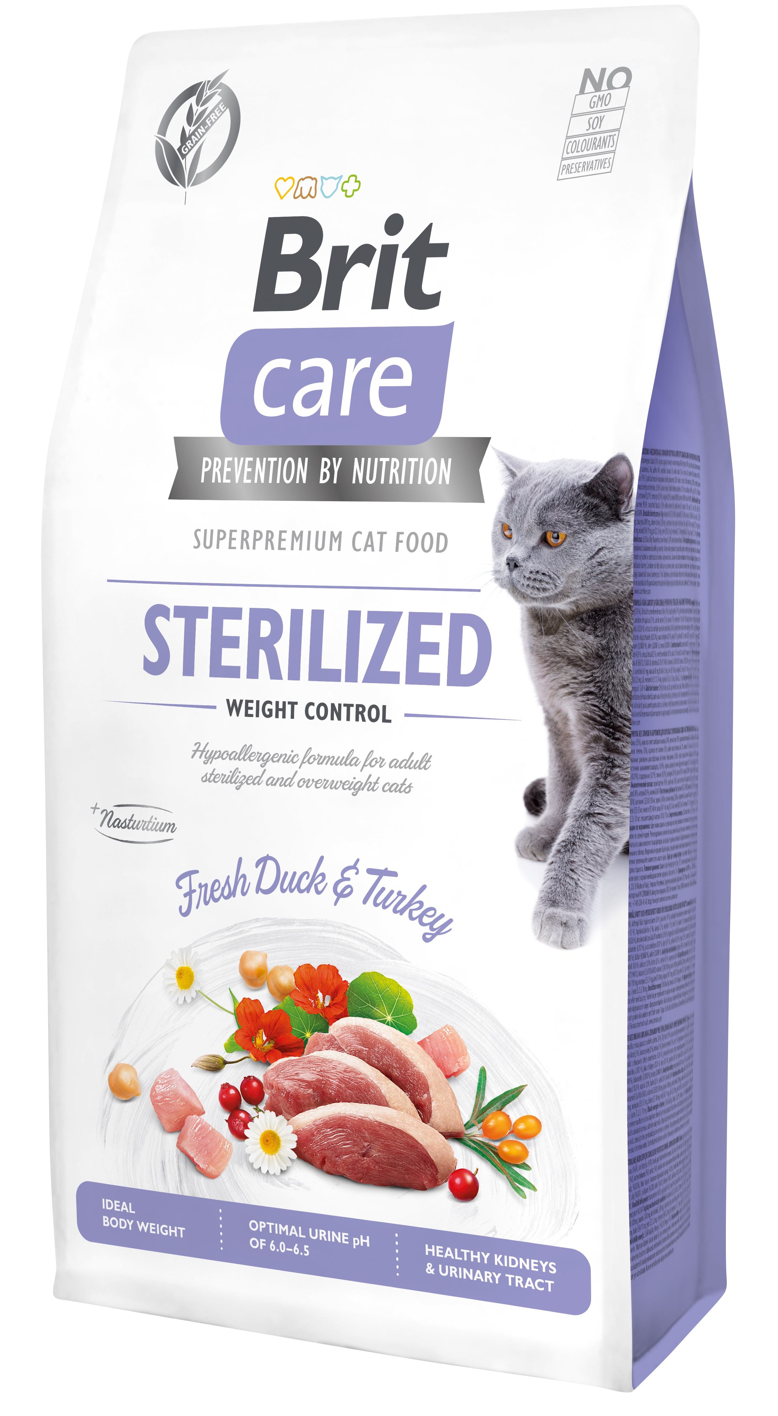 Беззерновой сухой корм для взрослых стерилизованных котов и котов с избыточным весом Brit Care Cat GF Sterilized Weight Control, со свежей уткой и индейкой, 7 кг - фото 1