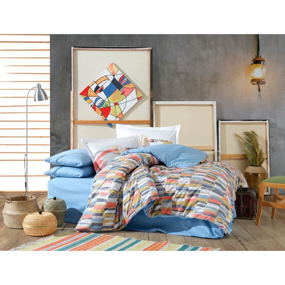 Комплект постельного белья Hobby Poplin Mikado, поплин, 220х160 см, синий с горчичным (54391_1,5) - фото 1