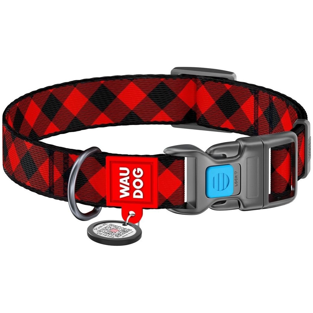 Нашийник для собак Waudog Nylon Шотландка червона, з QR паспортом, пластиковий фастекс, 24-40х20 см - фото 1