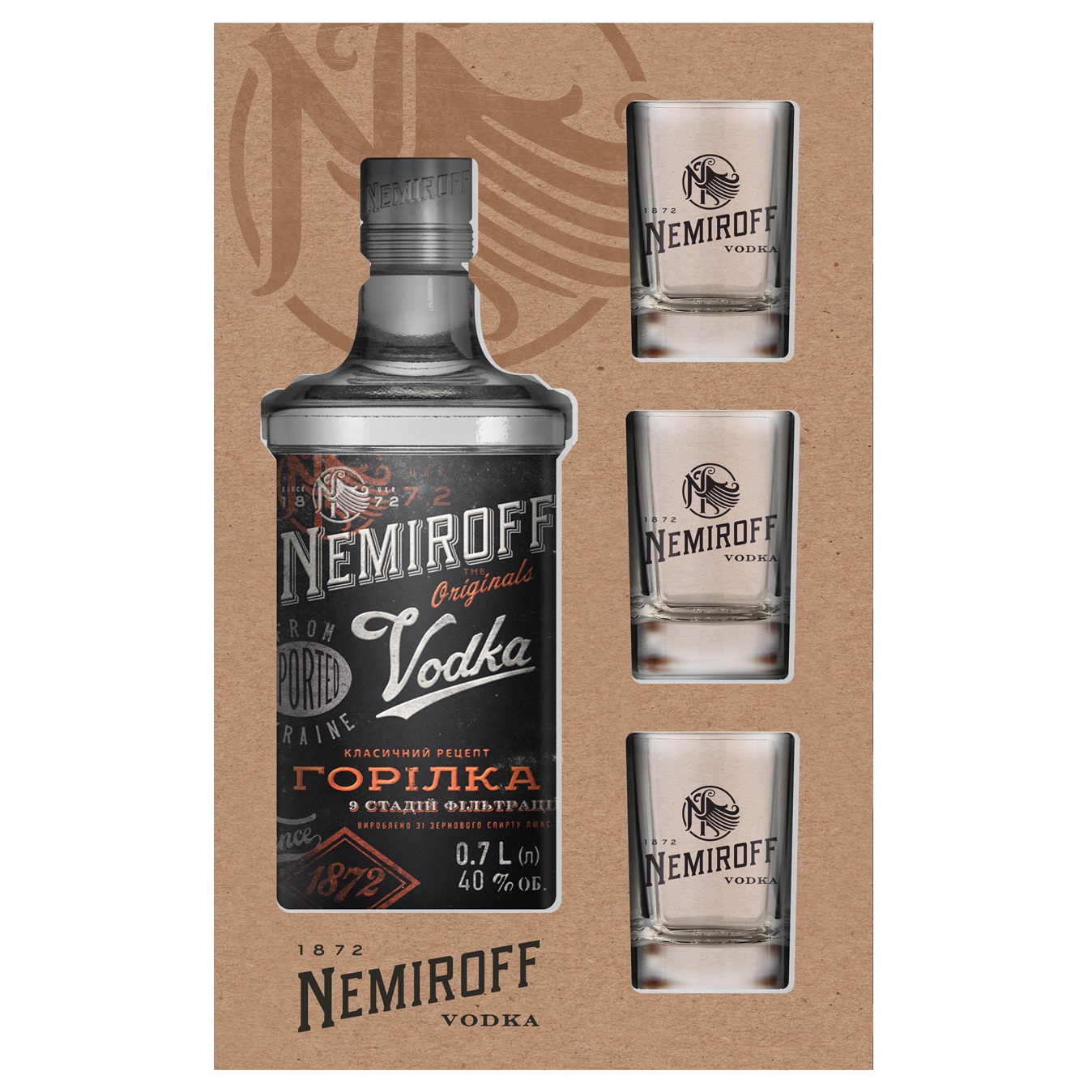Сувенирный набор Nemiroff Originals 40% 0.7 л + 3 рюмки - фото 1
