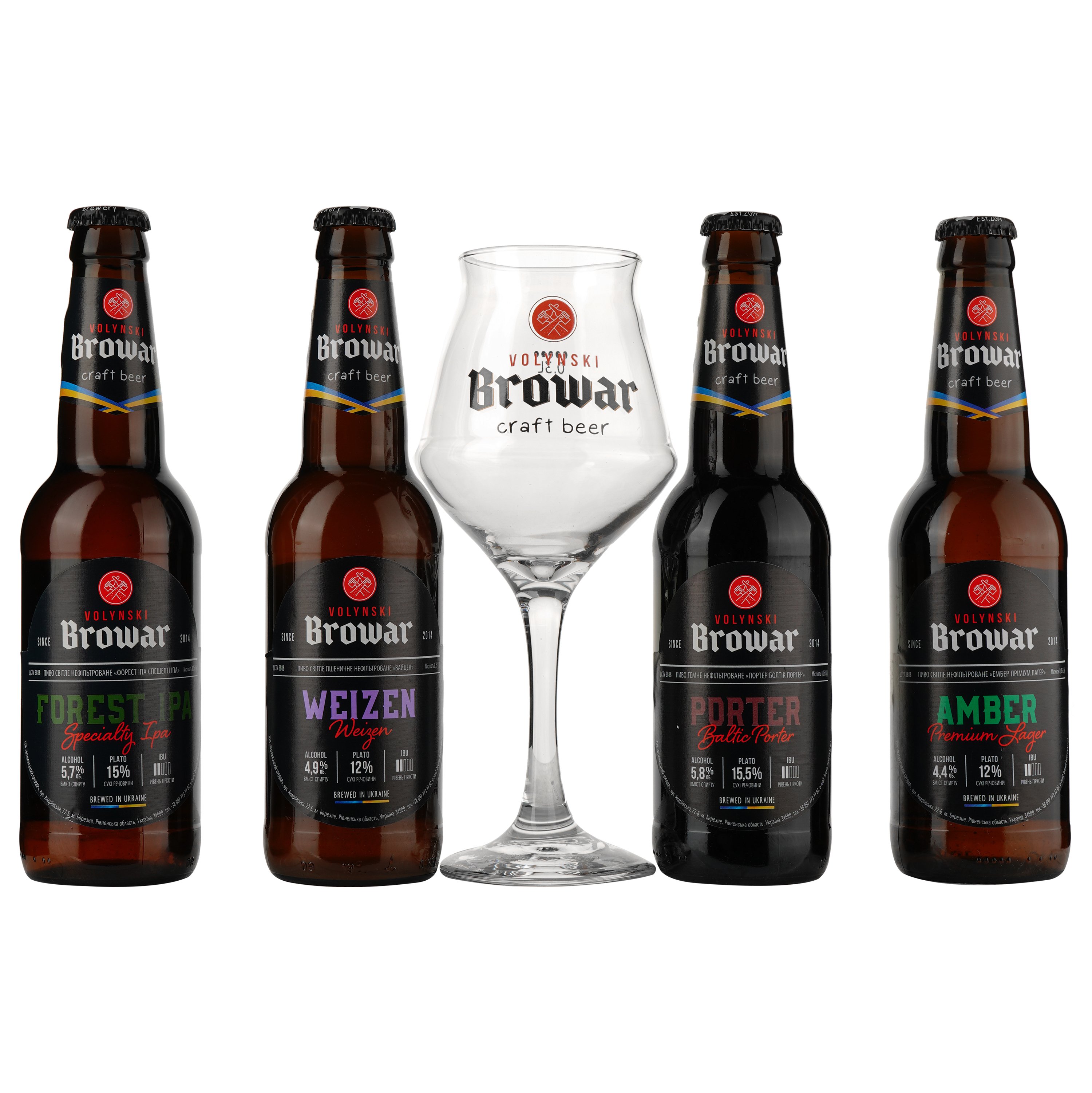 Подарунковий набір пива Volynski Browar, 3,8-5,8%, 1,4 л (4 шт. по 0,35 л) + Келих Somelier, 0,4 л - фото 2