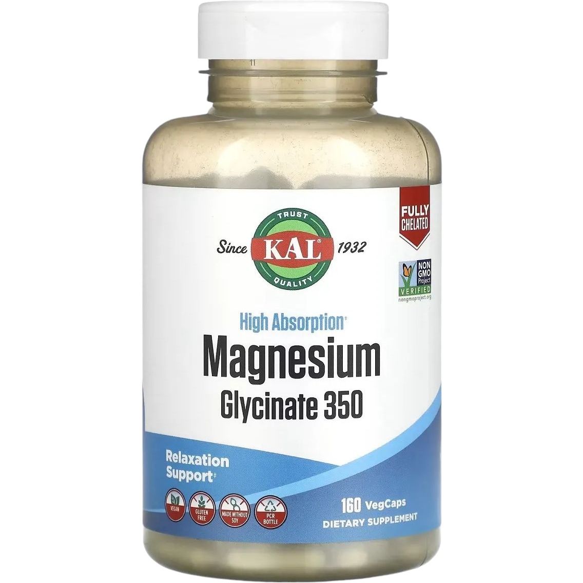 Магний глицинат высокой усвояемости KAL High Absorption Magnesium Glycinate 350 мг 160 вегетарианских капсул - фото 1