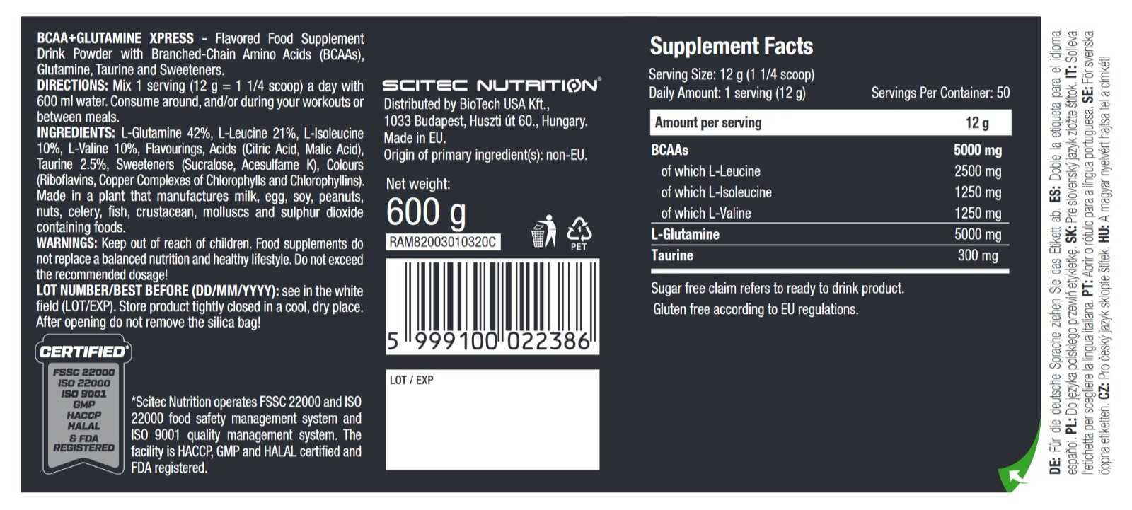 Аминокислоты Scitec Nutrition BCAA+Glutamine Xpress Цитрусовый микс 600 г - фото 2