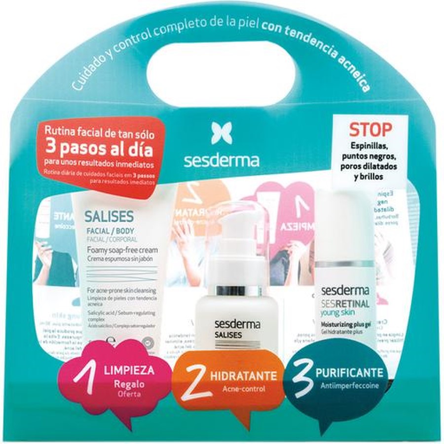 Набір Sesderma Salises Pack Anti-Acne: крем-пінка 50 мл + крем-гель 50 мл + гель Sesretinal Young Skin Plus 30 мл - фото 1