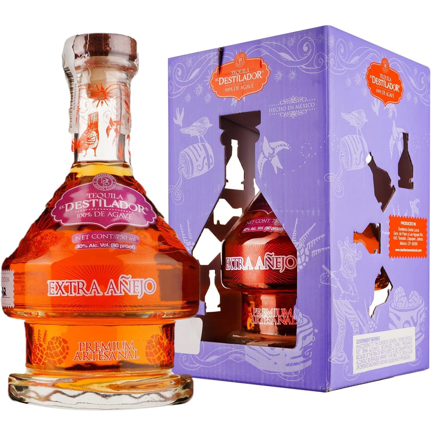 Текила Destileria Santa Lucia El Destilador Premium Extra Anejo 100% Agave 40% 0.75 л, в подарочной упаковке - фото 1