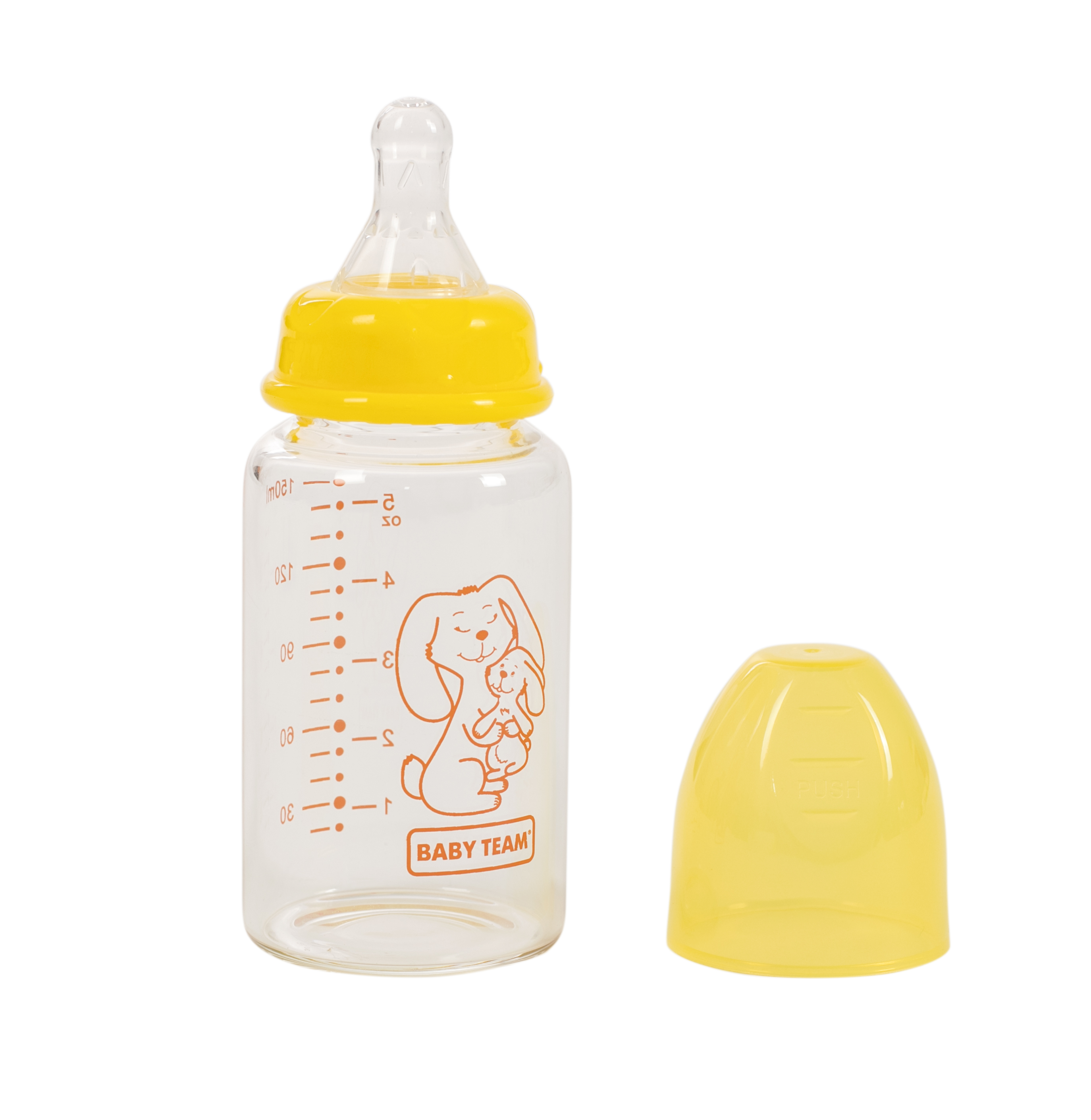 Пляшка для годування Baby Team, скляна, 150 мл, жовтий (1210_зайчик) - фото 2