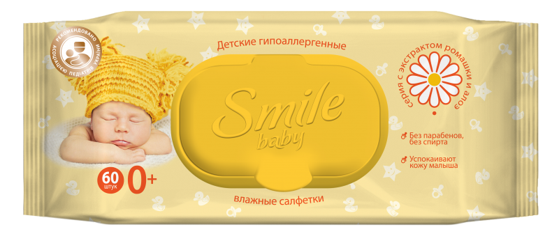 Влажные салфетки Smile Baby с экстрактом ромашки и алоэ, 60 шт. - фото 1