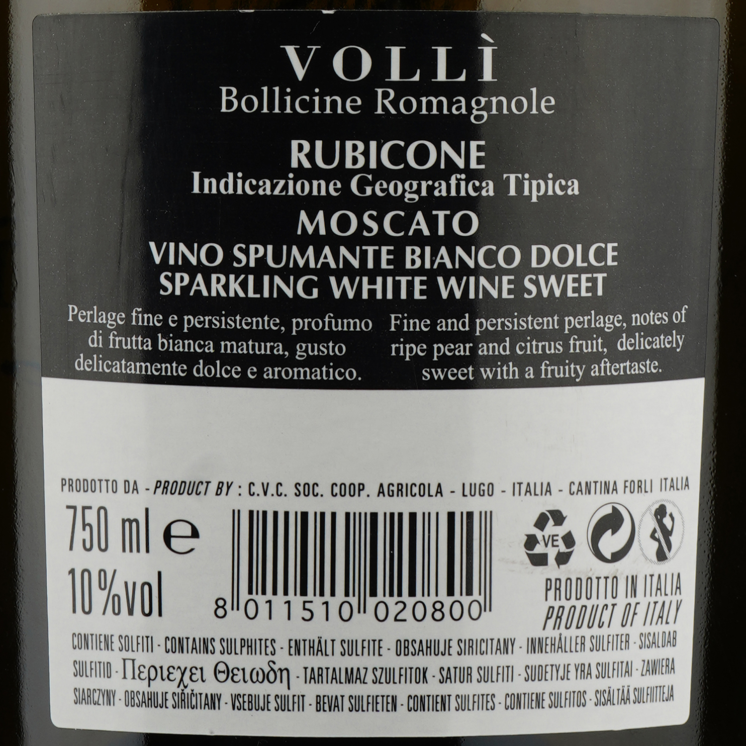 Вино игристое Volli Rubicone Moscato Bianco Dolce, белое, полусладкое, 10%, 0,75 л - фото 3