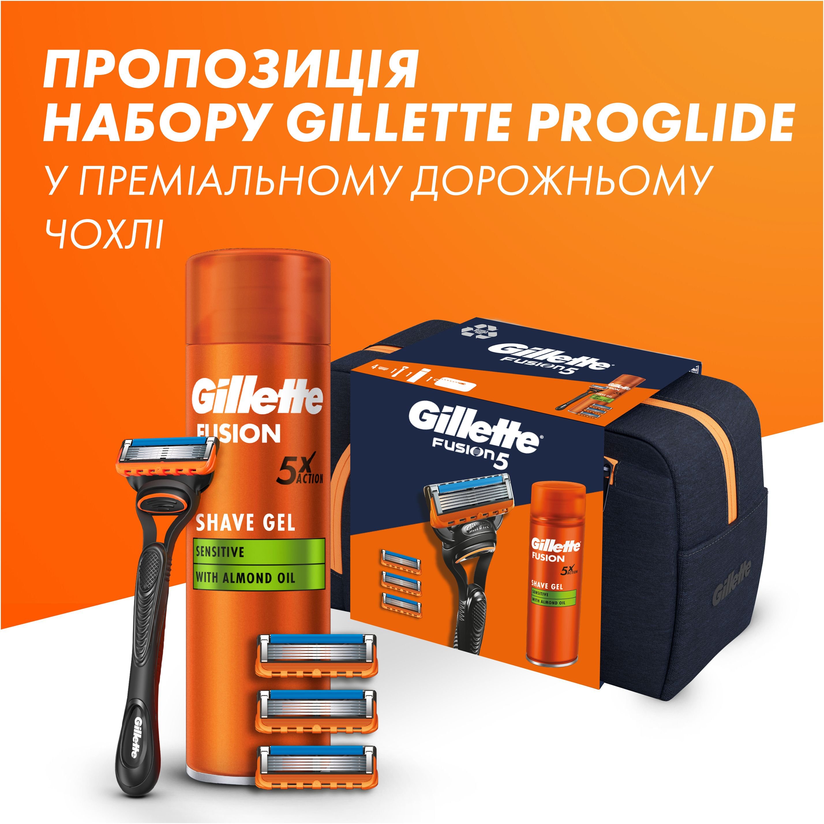 Подарочный набор для мужчин Gillette Fusion5: бритва + сменные катриджи 4 шт. + гель для бритья 200 мл + дорожная косметичка - фото 9
