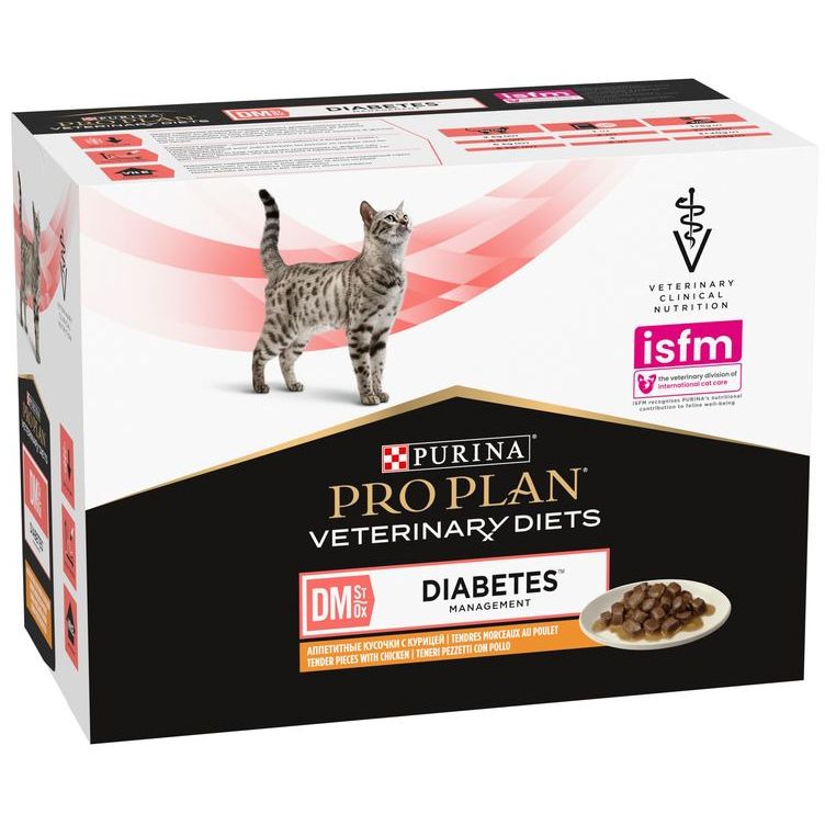 Набір паучів Purina Pro Plan Veterinary Diets DM St/Ox Diabetes Managment для регулювання глюкози шматочки у підливці з куркою 10 шт. х 85 г - фото 1