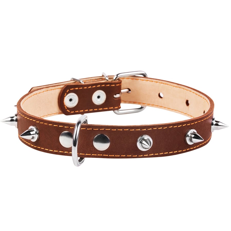 Ошейник для собак Collar, кожаный, двойной, с шипами, 38-50х2,5 см, коричневый - фото 1