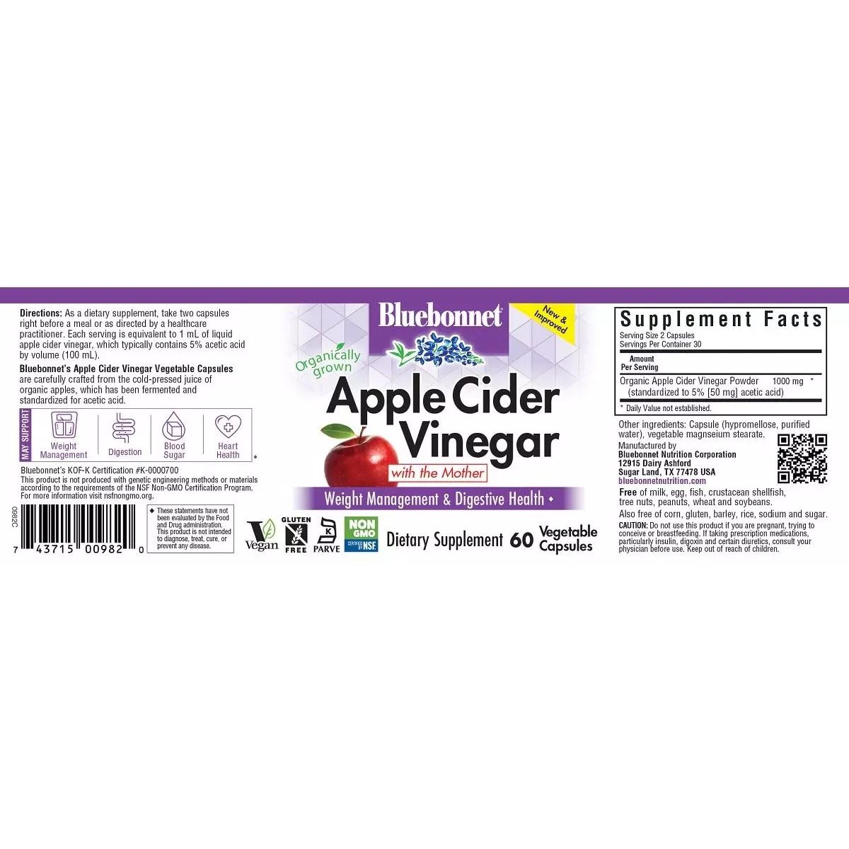 Яблочный уксус Bluebonnet Nutrition Apple cider vinegar 60 вегетарианских капсул - фото 2