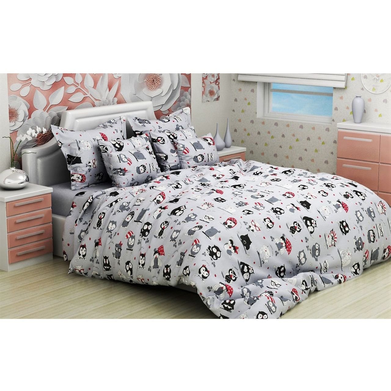 Комплект постельного белья TAG Tekstil 1.5-спальный Разноцветный 000142842 (Совята серый) - фото 1
