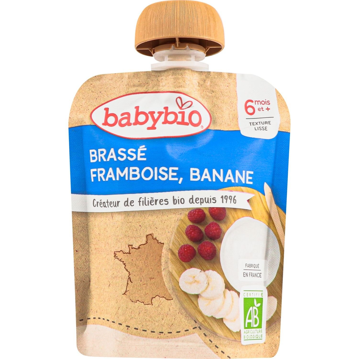 Фото - Дитяче харчування Babybio Органічне молочне пюре  з коров'ячого молока з малиною та бананом 8 