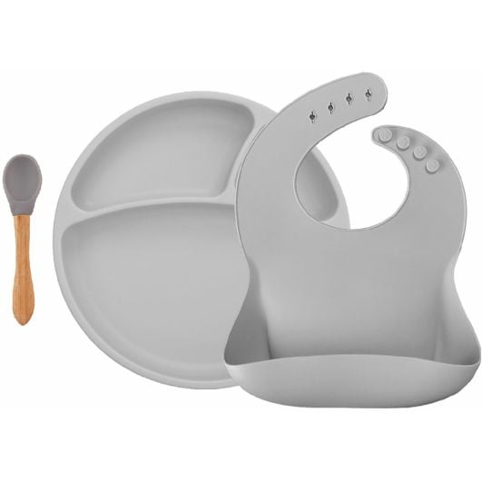 Набор для кормления MinikOiOi BLW SetII Powder Grey, нагрудник, секционная тарелка, ложка (101070017) - фото 1