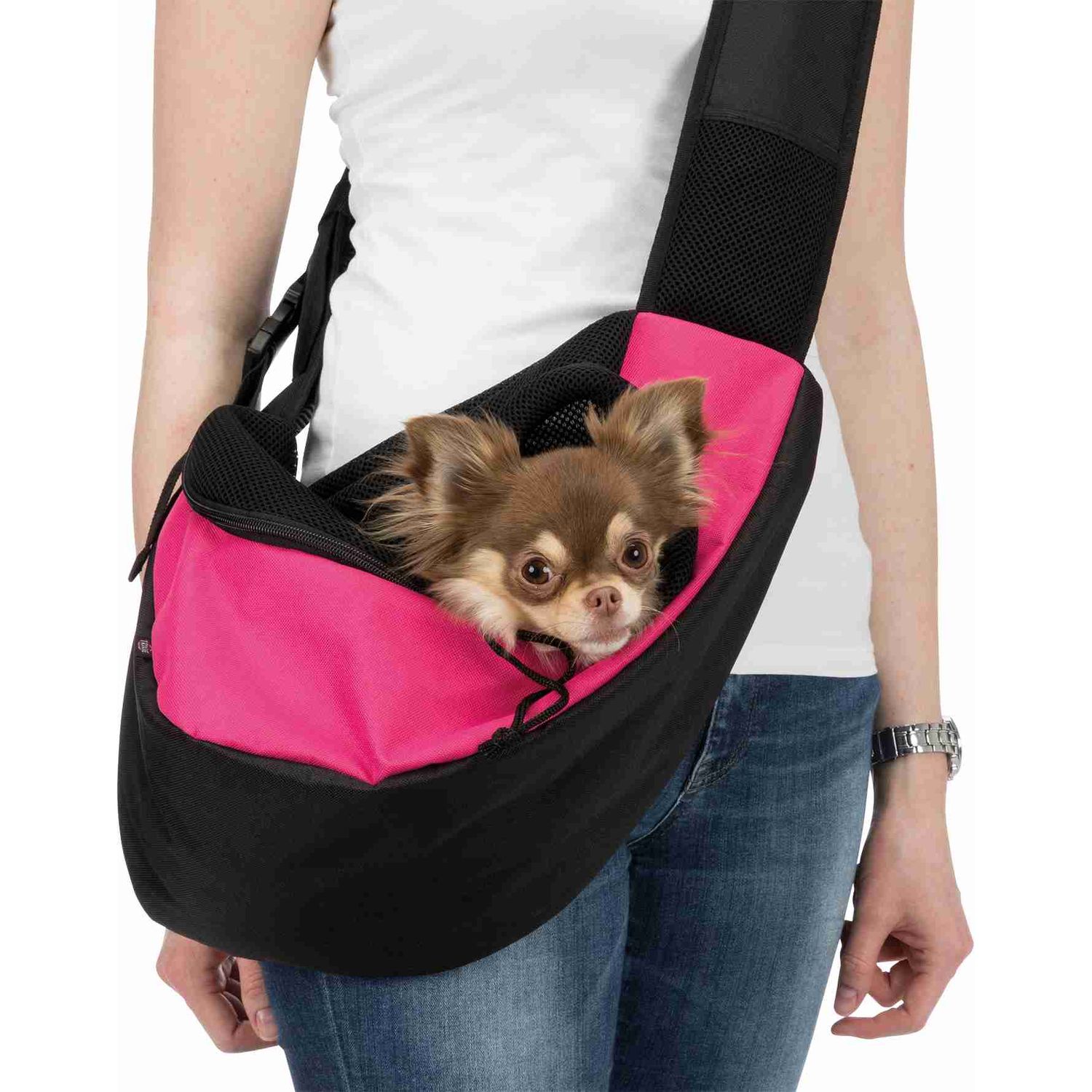 Сумка-переноска для собак Trixie Sling, полиэстер, фронтальная, до 5 кг, 50х25х18 см, розовая с черным - фото 2