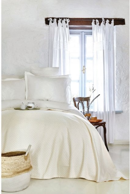 Набір постільна білизна з покривалом піке Karaca Home Elonora ekru 2020-1, євро, молочний, 7 предметів (svt-2000022238700) - фото 1