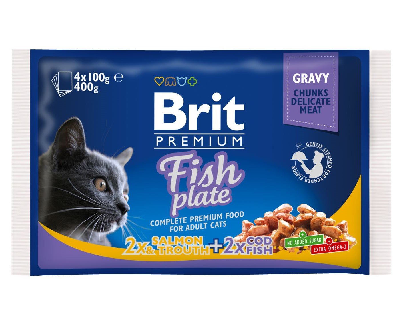 Набір вологих кормів для дорослих котів Brit Premium Cat pouch Рибна тарілка, 340 г (4 уп. Х 100 г) - фото 1