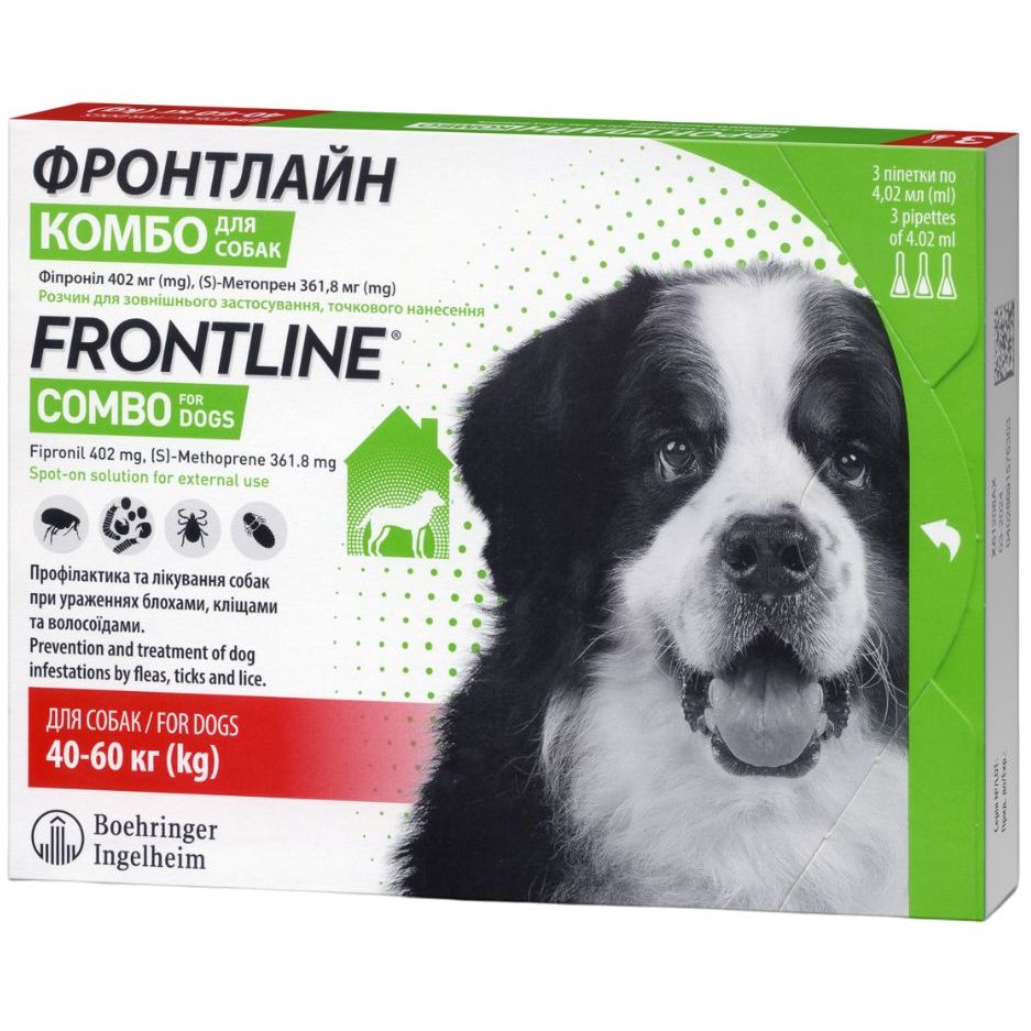 Капли Boehringer Ingelheim Frontline Combo от блох и клещей для собак 40-60 кг 12.06 мл (3 шт. х 4.02 мл) (159920) - фото 2