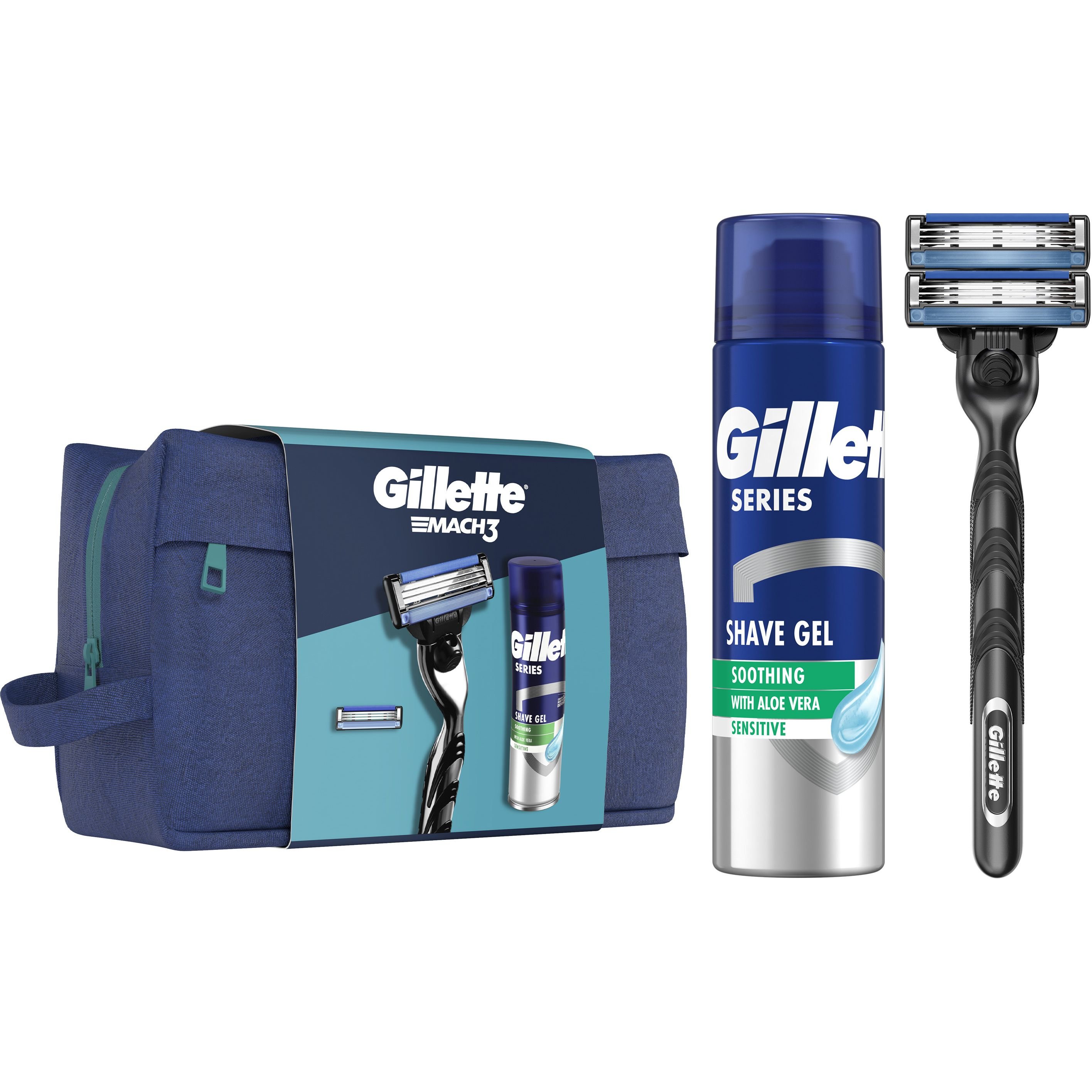 Подарунковий набір для чоловіків Gillette Mach3: бритва + змінні катріджі для гоління 2 шт. + гель для гоління + косметичка - фото 1