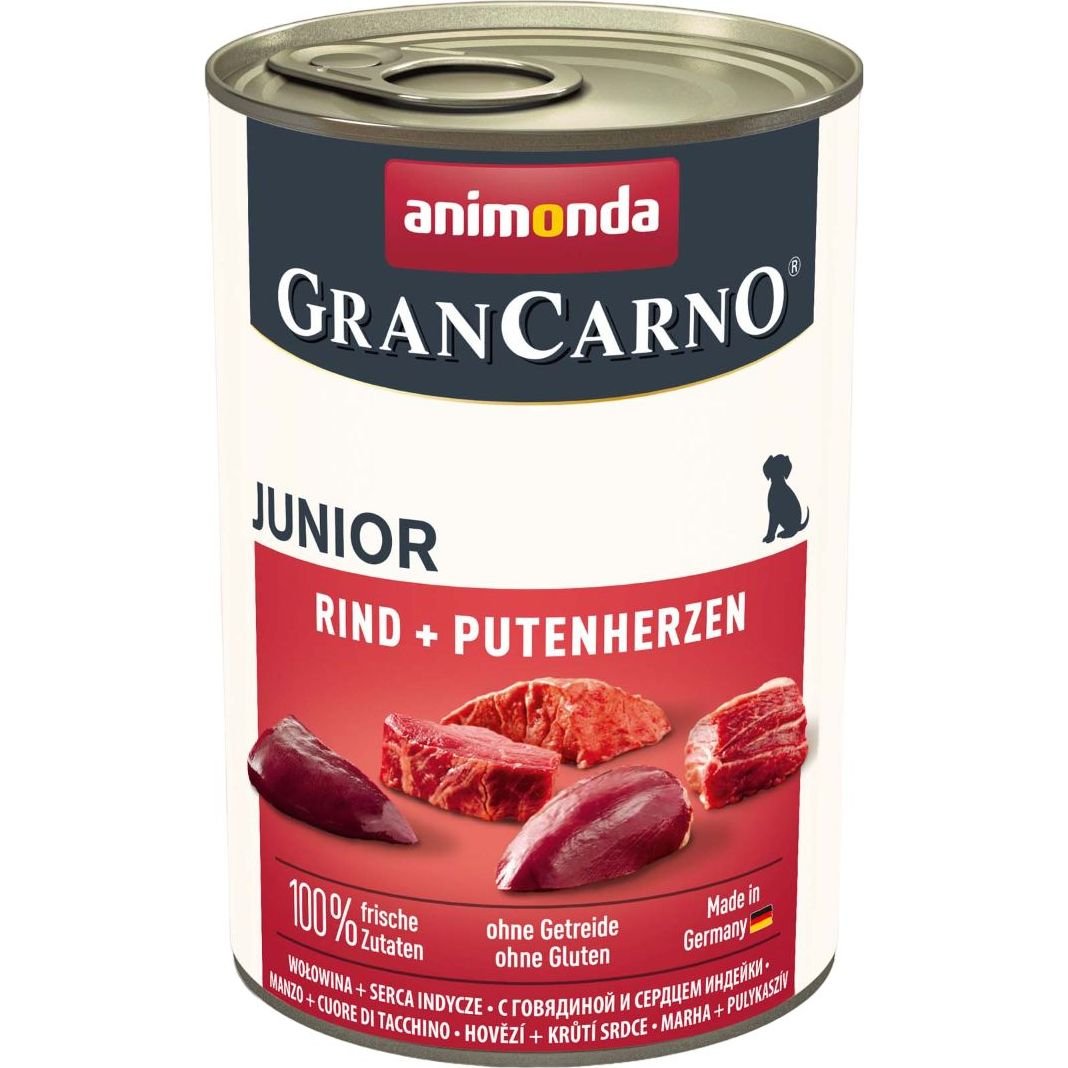 Влажный беззерновой корм для щенков Animonda GranCarno Junior Beef + Turkey hearts, с говядиной и индейкой, 400 г - фото 1