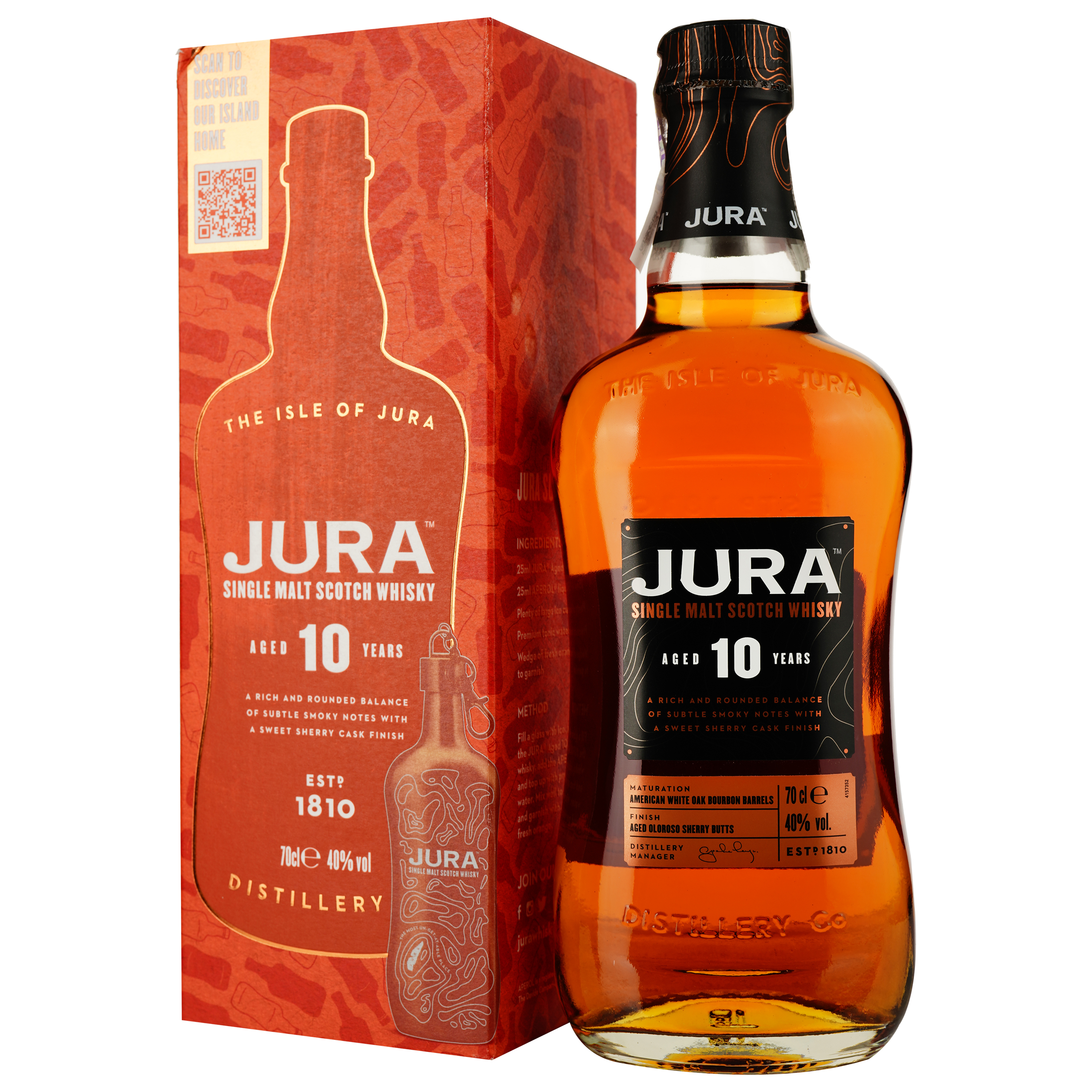 Набор: Виски Isle of Jura 10 yo Single Malt Scotch Whisky, 40%, 0,7 л, в подарочной упаковке + фляга - фото 1