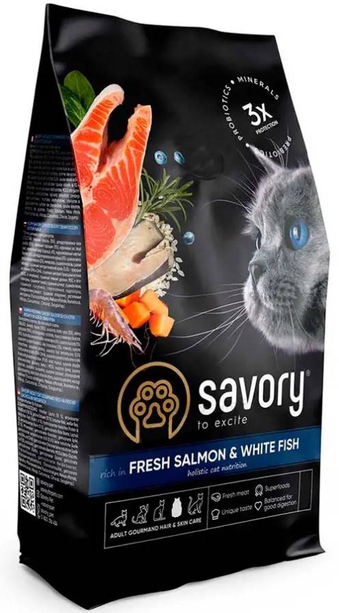 Сухий корм для довгошерстих котів Savory Adult Cat Gourmand Fresh Salmon & White Fish, зі свіжим лососем і білою рибою, 2 кг - фото 1