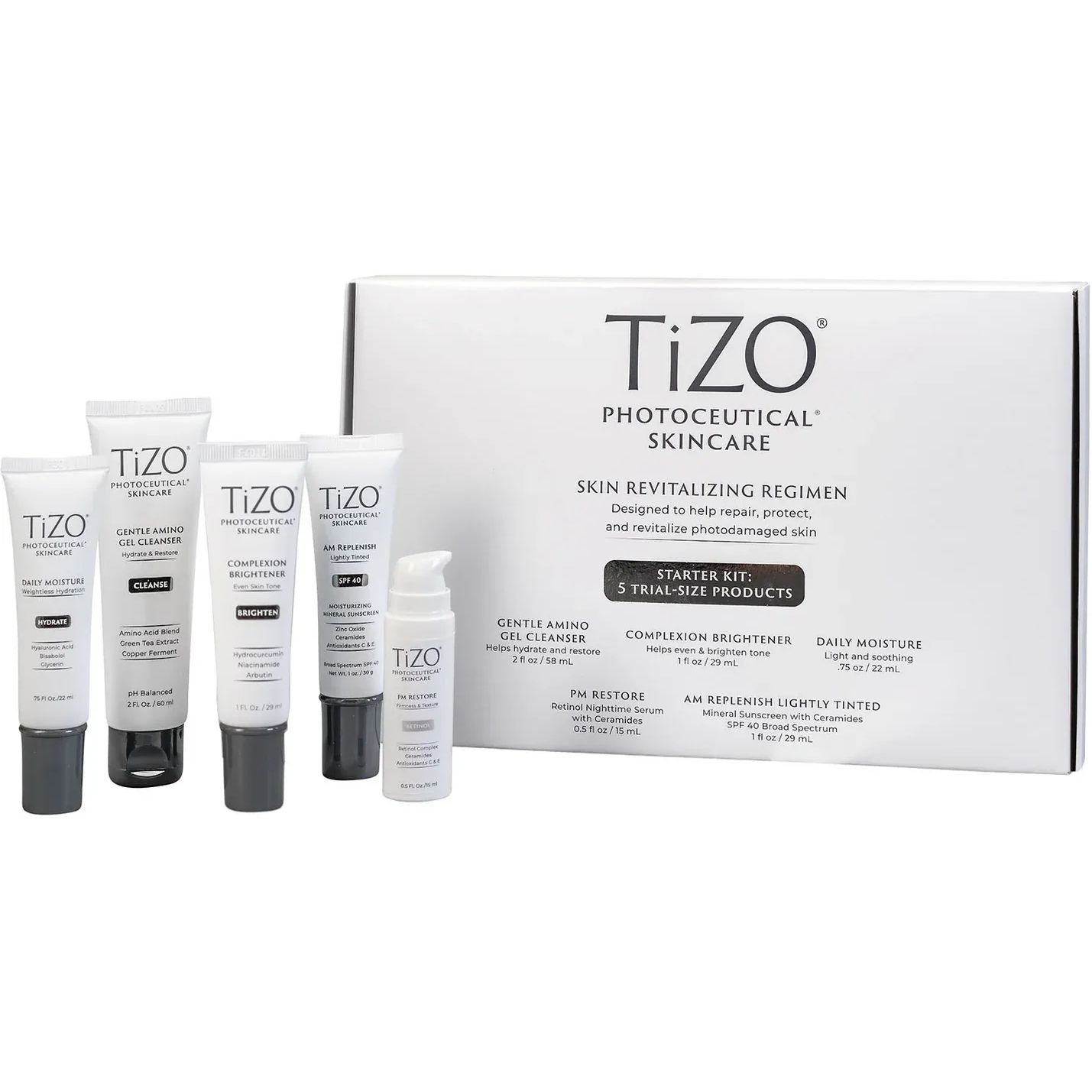 Набор TiZO Skin Revitalizing Trial Size Regimen: пенка 29 мл + крем 29 мл + сыворотка 15 мл + крем 22 мл + крем 29 мл - фото 1