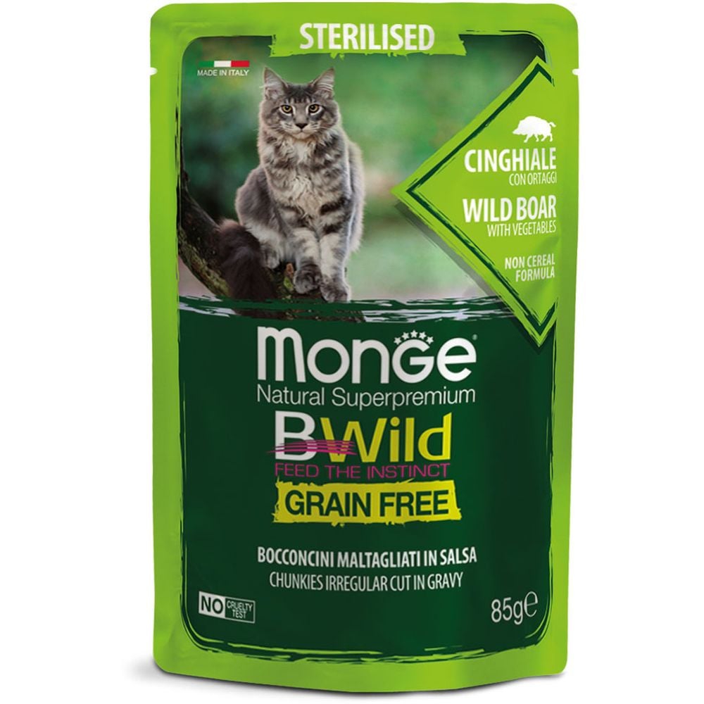 Влажный корм для котов Monge Cat Вwild Gr.Free Wet Sterilised, кабан с овощами, 85 г - фото 1