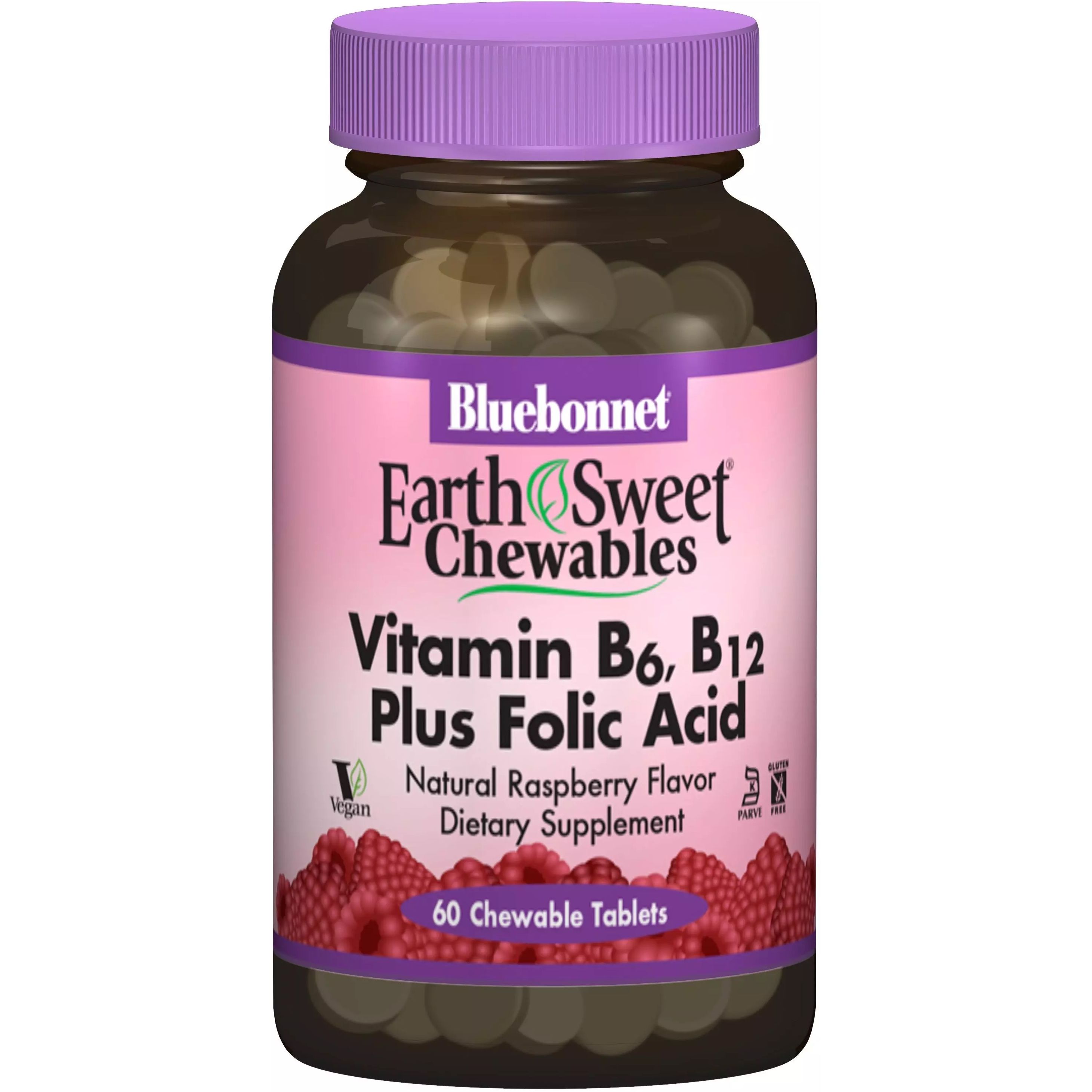 Вітамін B6, B12 + Фолієва кислота Bluebonnet Nutrition Earth Sweet Chewables зі смаком малини 60 таблеток - фото 1