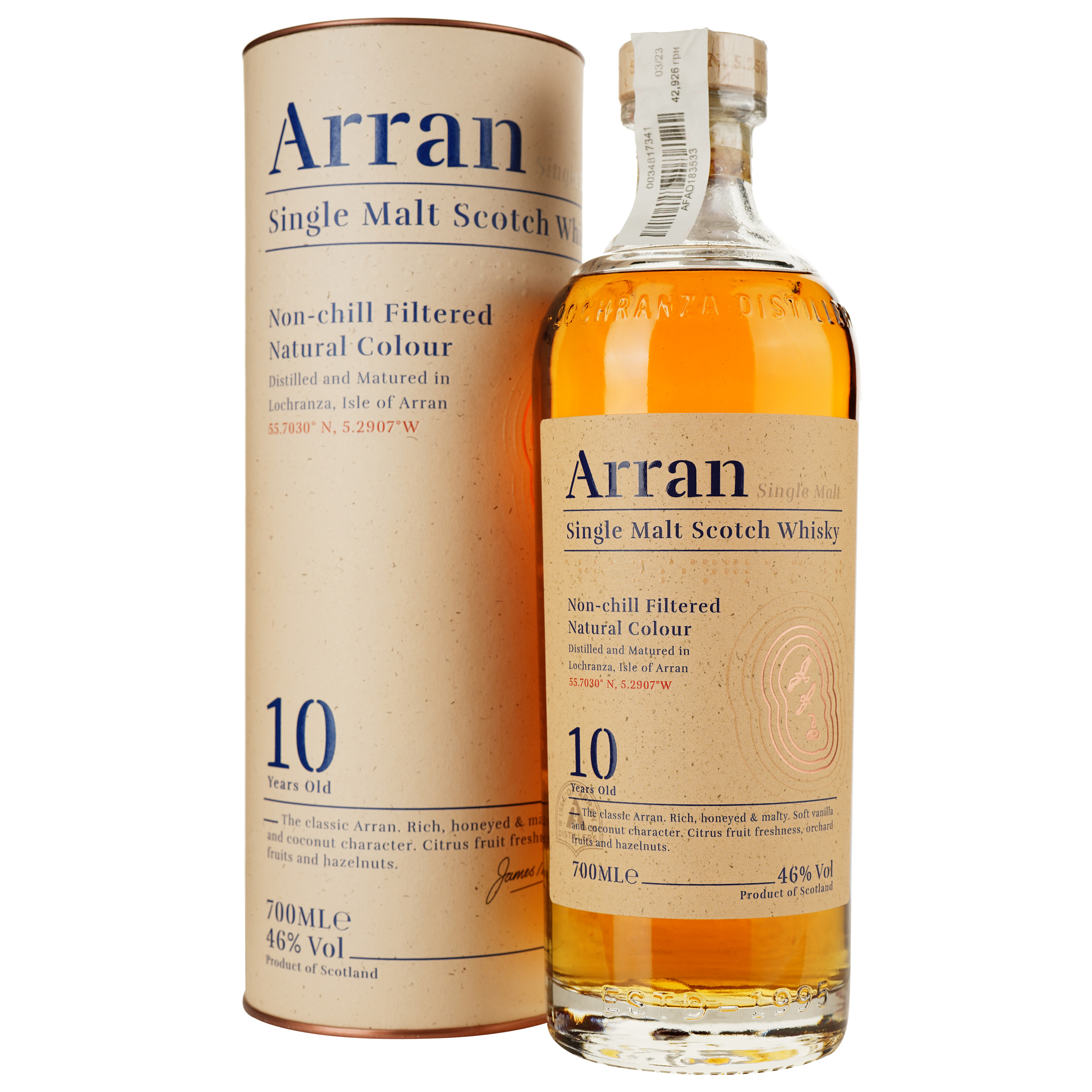 Виски Arran 10yo Single Malt Scotch Whisky, в тубусе, 46%, 0,7 л (25013) - фото 1