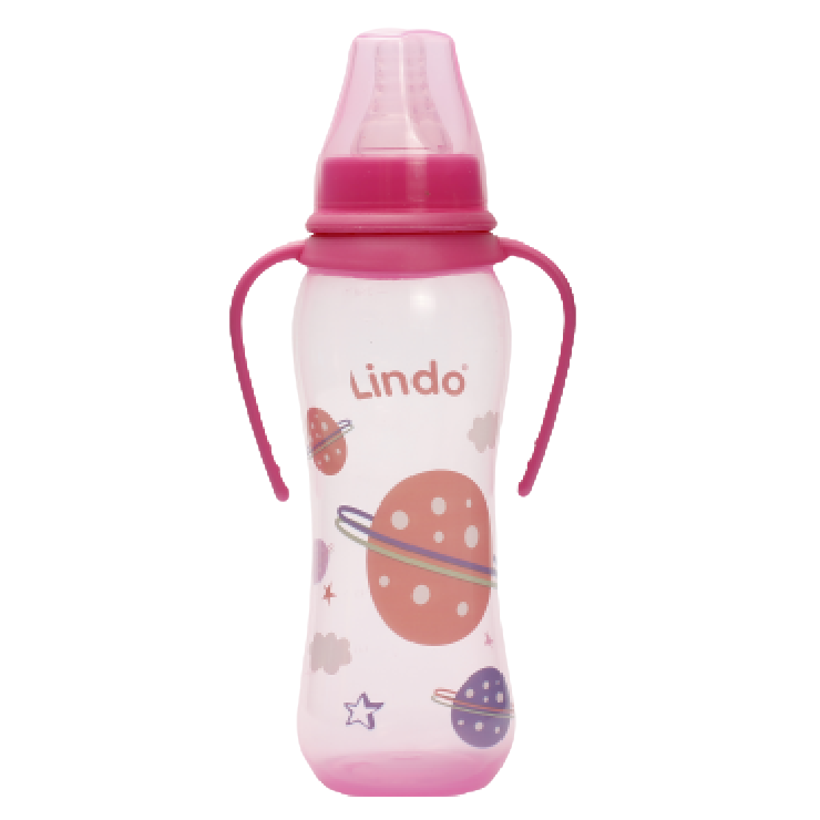 Пляшечка для годування Lindo, вигнута з ручками, 250 мл, рожевий (Li 135 рож) - фото 1