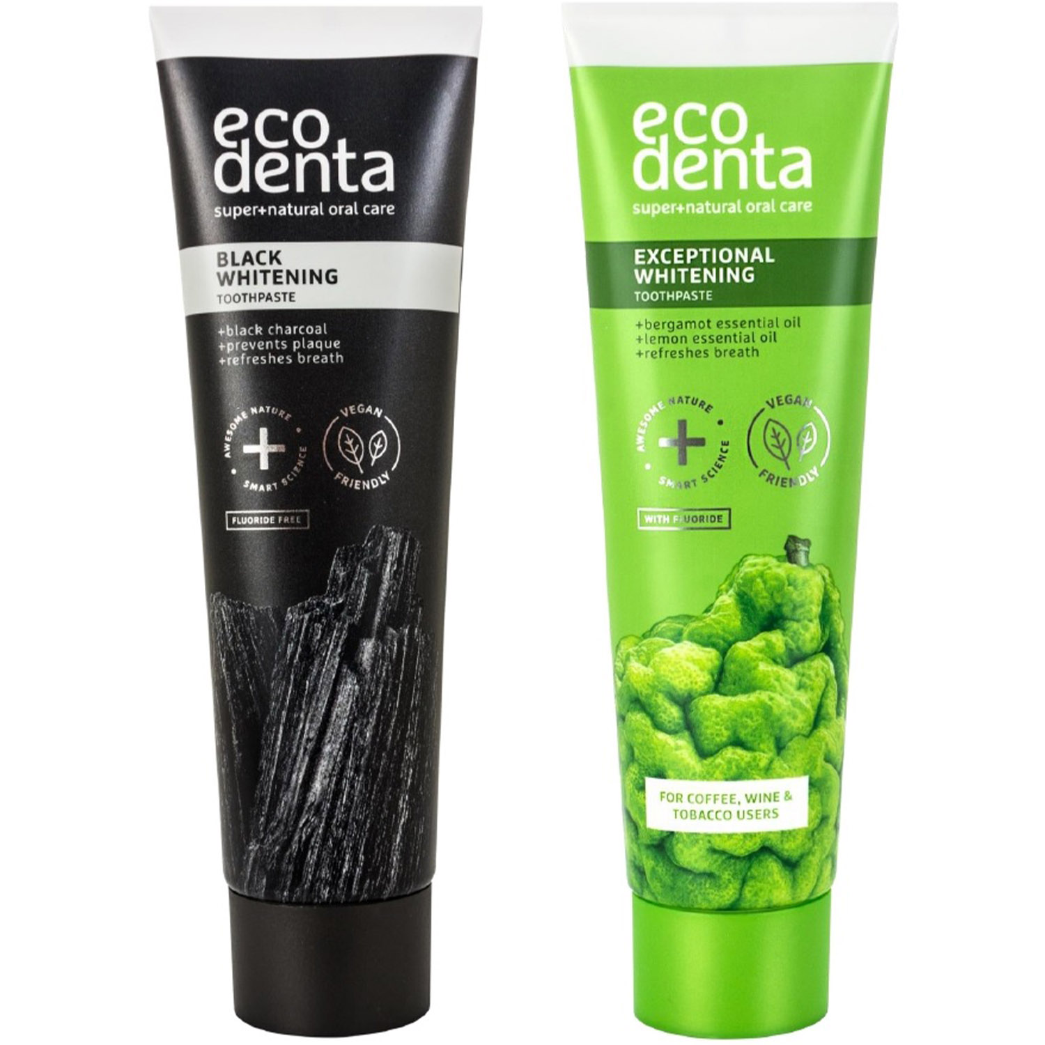 Набір зубних паст Ecodenta: Exceptional Whitening виняткове відбілювання 75 мл + Black Whitening відбілююча з чорним вугіллям 75 мл - фото 1