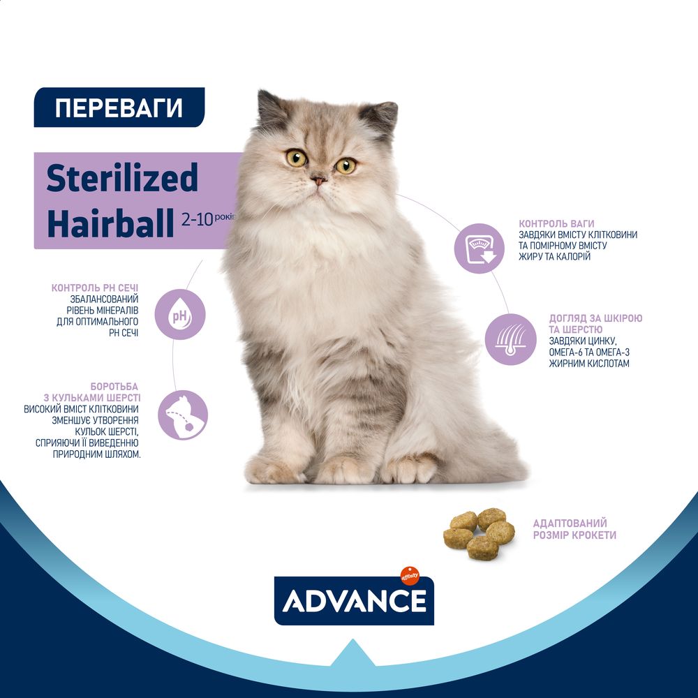 Сухий корм для дорослих стерилізованих котів Advance Cat Sterilized Hairball виведення шерсті, з індичкою 3 кг - фото 3