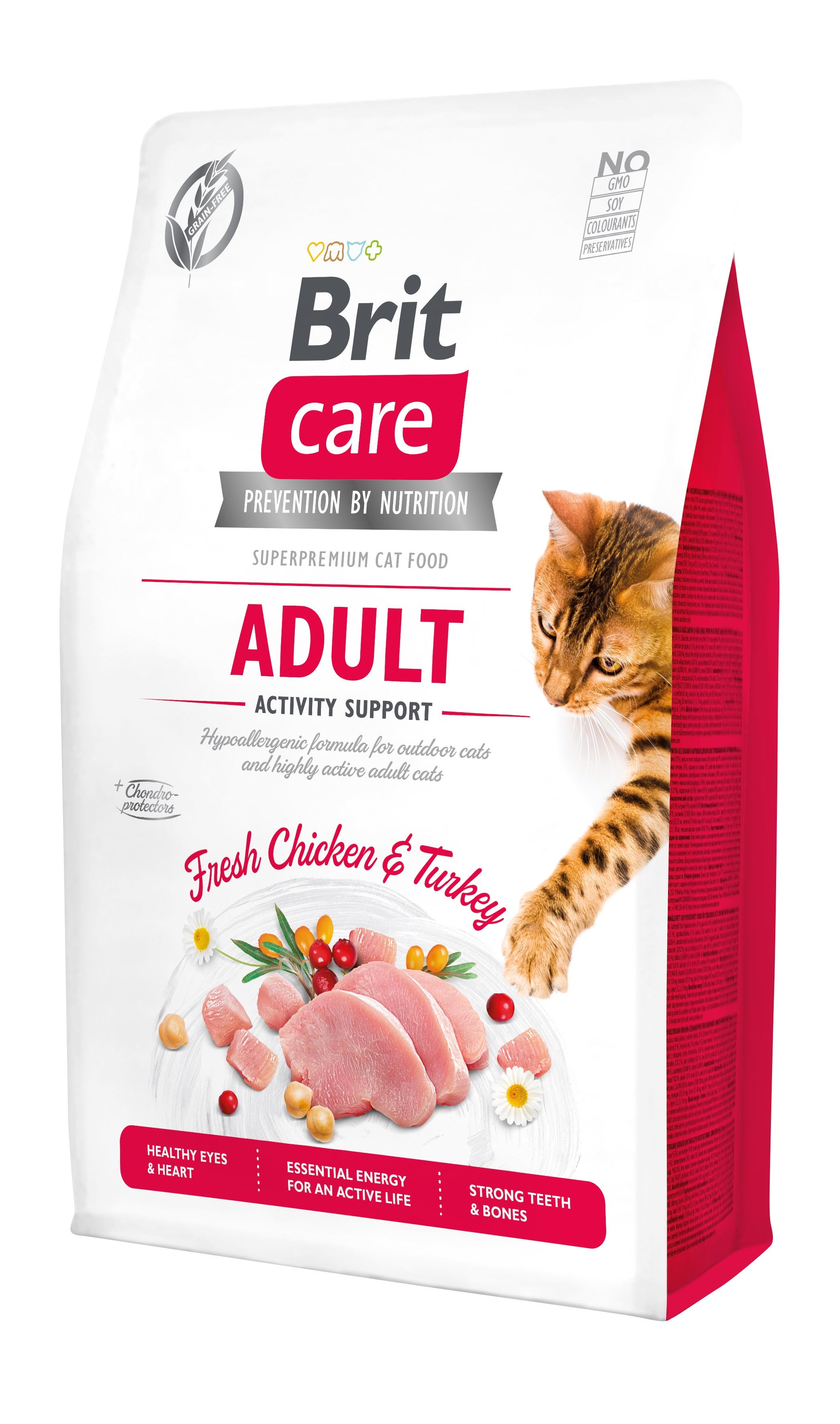 Беззерновой сухой корм для уличных и активных котов Brit Care Cat GF Adult Activity Support, со свежей курицей и индейкой, 2 кг - фото 1