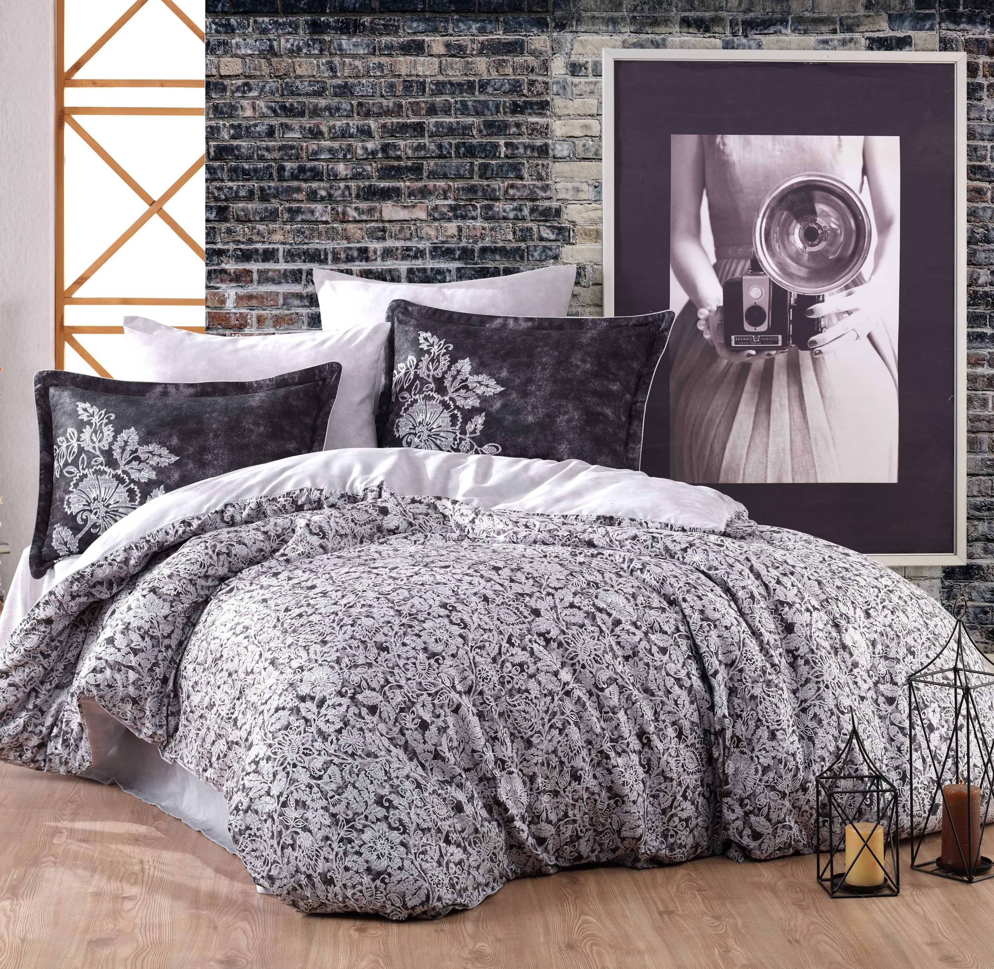 Комплект постельного белья Hobby Exclusive Sateen Elvira, сатин, евростандарт, 220х200 см, черный (8698499146327) - фото 1