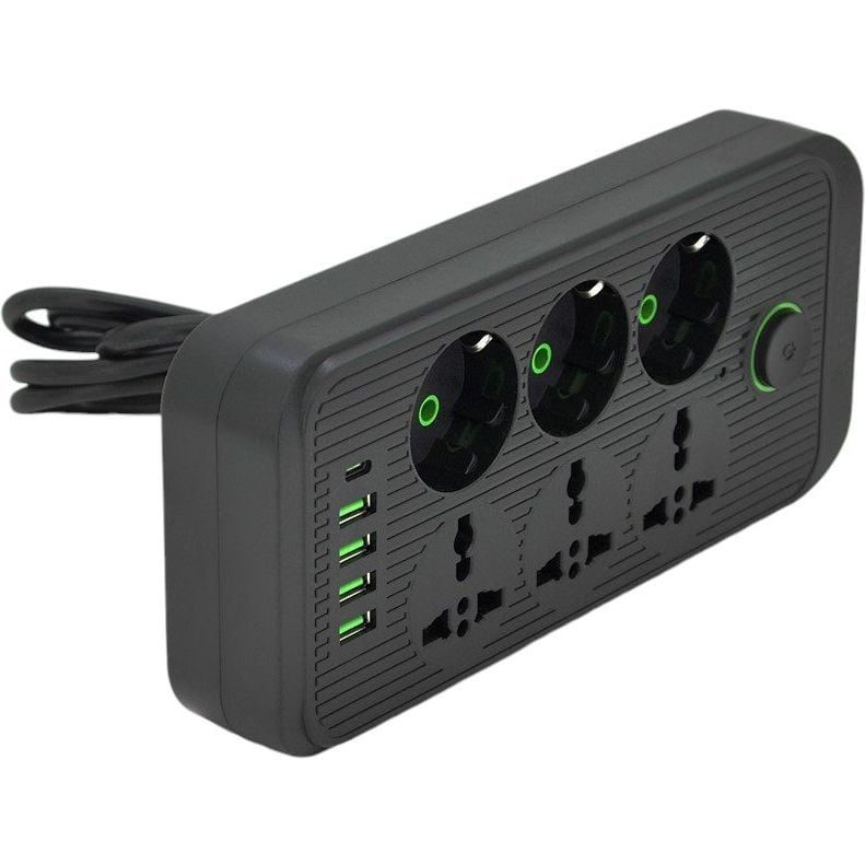 Сетевой фильтр удлинитель Voltronic F0-7U 6 розеток (3EU+3Universal)+4USB+1PD 2 м 3х0.75 мм 2500W Black - фото 1