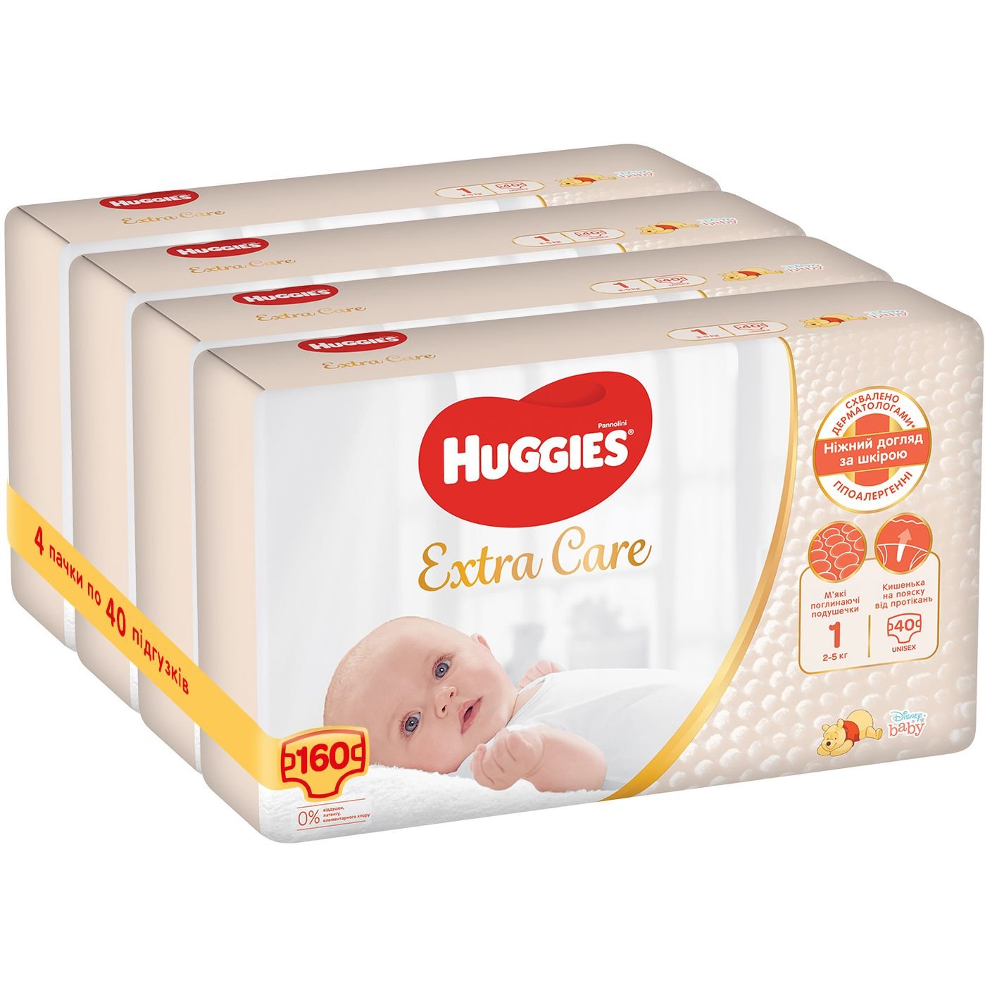 Підгузки Huggies Extra Care Newborn 1 (2-5 кг), 160 шт. (4 уп. по 40 шт.) - фото 2