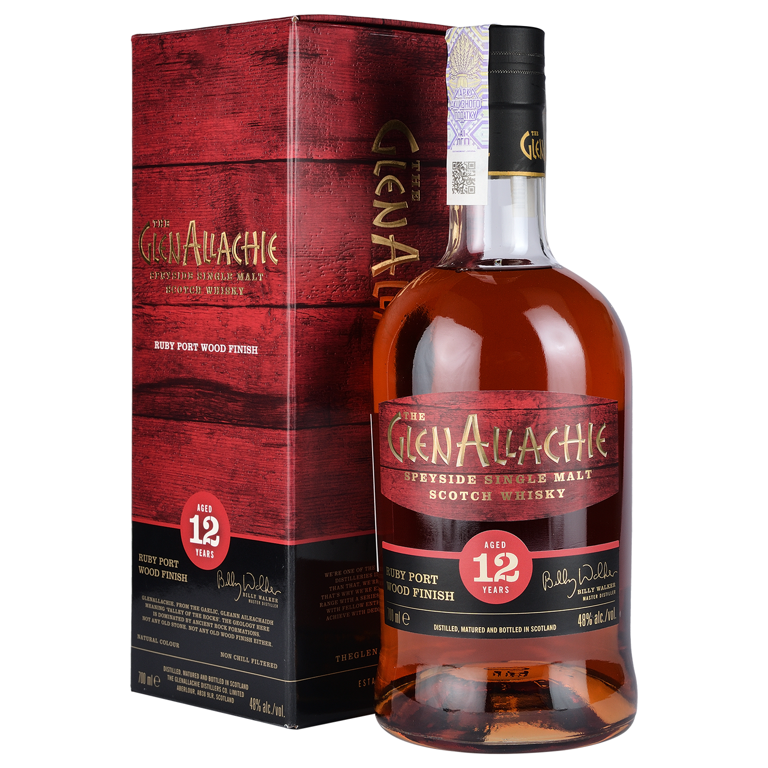 Віскі GlenAllachie Single Malt Scotch Whisky Ruby Port Wood Finish 12 yo, в подарунковій упаковці, 48%, 0,7 л - фото 1
