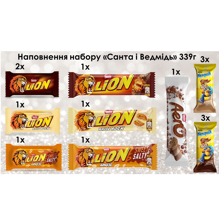 Новогодний подарочный набор конфет Nestle Lion Nesquik Aero Санта и медведь  339 г + Игровой набор с куклой L.O.L. Surprise Sooo Mini Крошки-сестрички в  ассортименте (588436) купить в Киеве, Украине | MAUDAU: