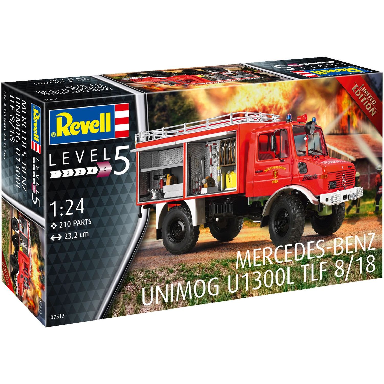 Сборная модель Revell Пожарная машина Mercedes-Benz Unimog U1300L TLF 8/18 уровень 5, масштаб 1:24, 210 деталей (RVL-07512) - фото 2