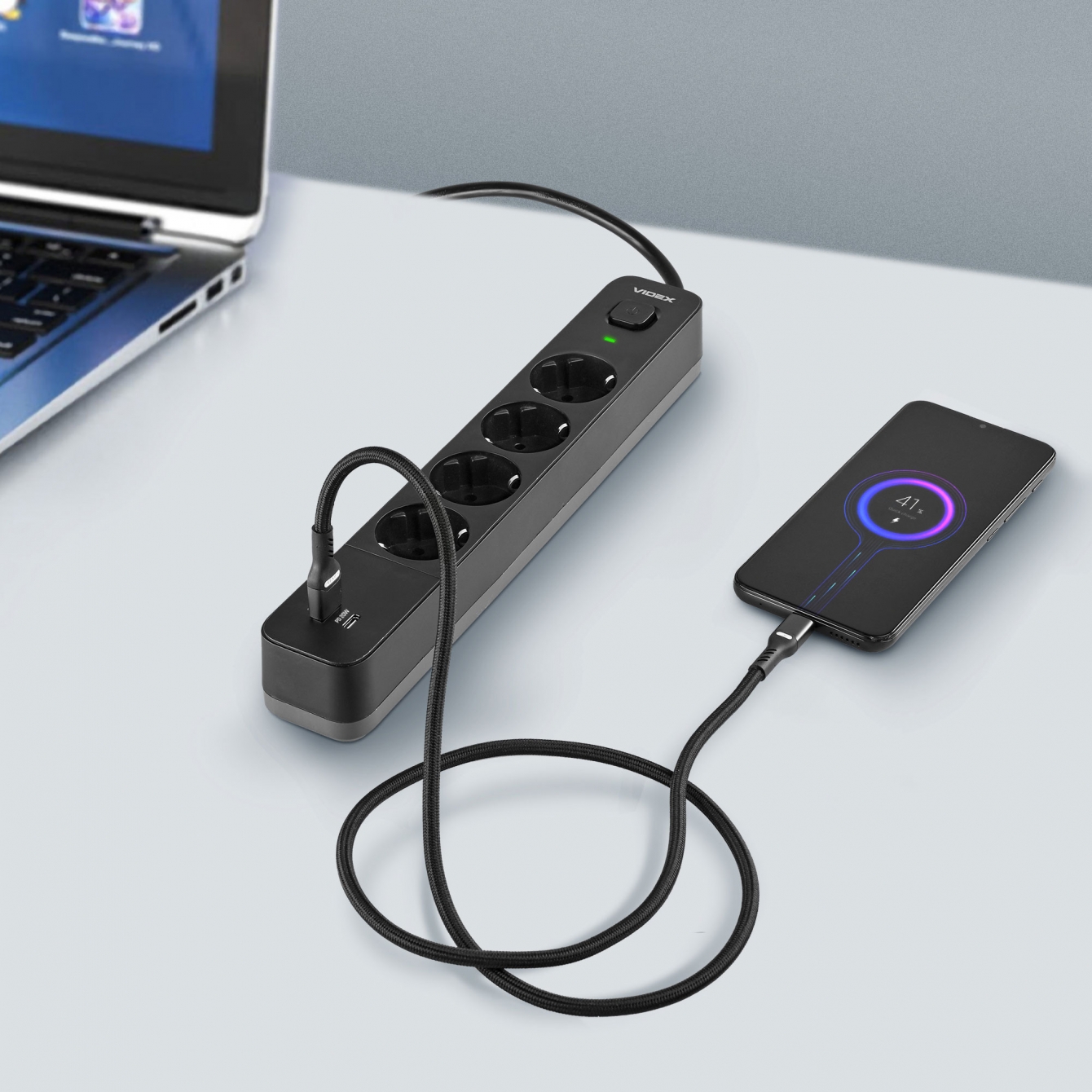 Мережевий подовжувач Videx Oncord з кнопкою USB (QC3.0) + USB-C (PD20W) чорний 3 м (VF-PD43G1QC1PD-B) - фото 11