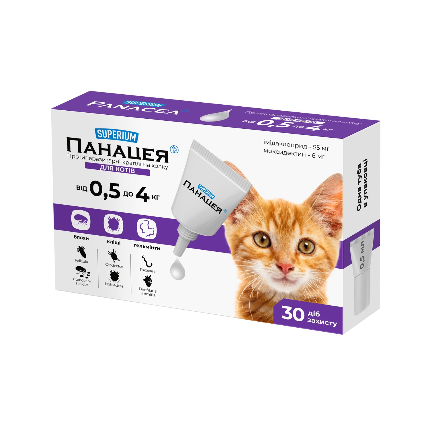 Фото - Ліки й вітаміни Протипаразитарні краплі на холку для котів Superium Панацея, 0,5-4 кг