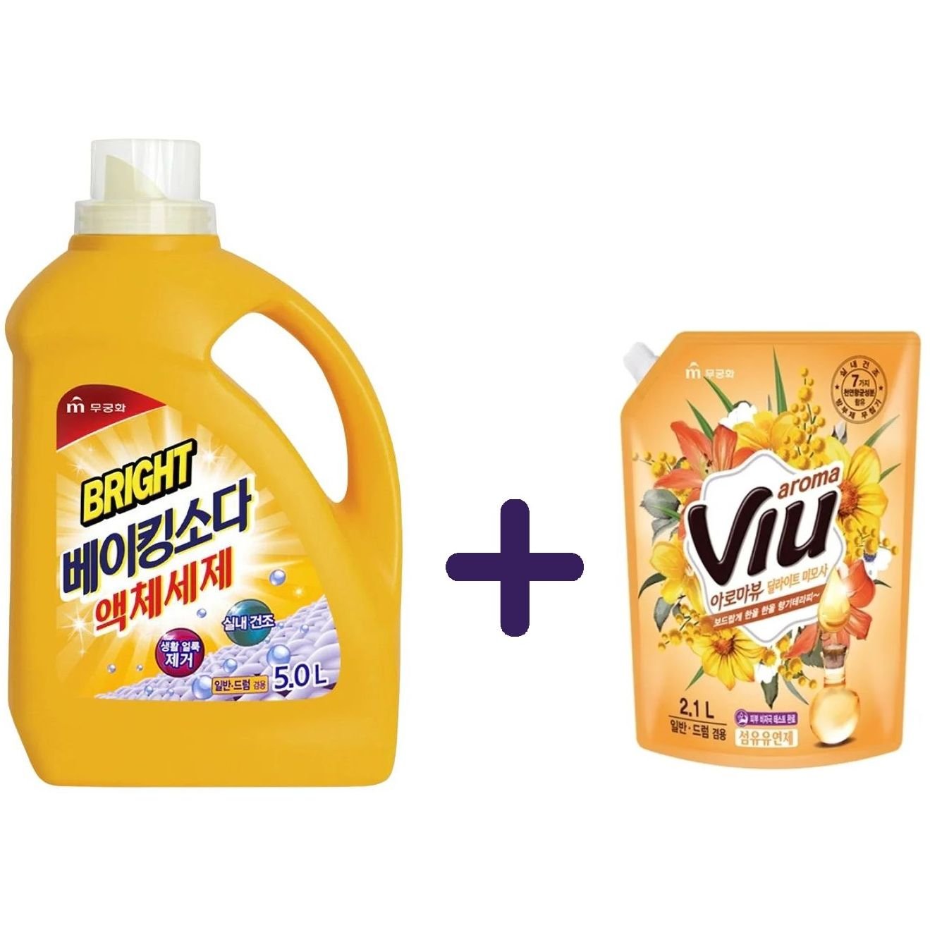 Набір: Засіб для прання Mukunghwa Bright Baking Soda Liquid Detergent 5 л + Ополіскувач для білизни Mukunghwa Viu Fabric Softener Refill Мімоза 2.1 л - фото 1