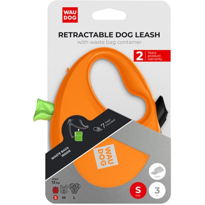 Повідець-рулетка для собак Waudog R-leash з контейнером для пакетів, світловідбивна стрічка, S до 12 кг, 3 м помаранчевий - фото 6