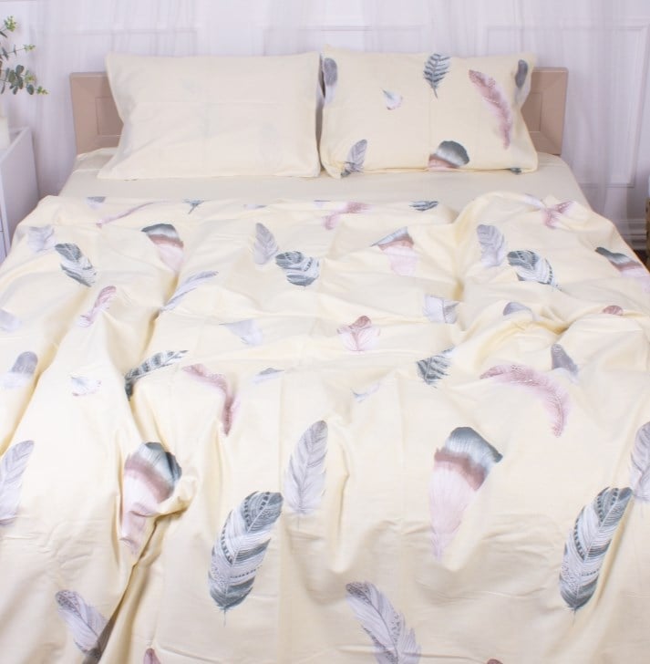Комплект постельного белья MirSon Feathers, сатин, желтый, семейный - фото 1