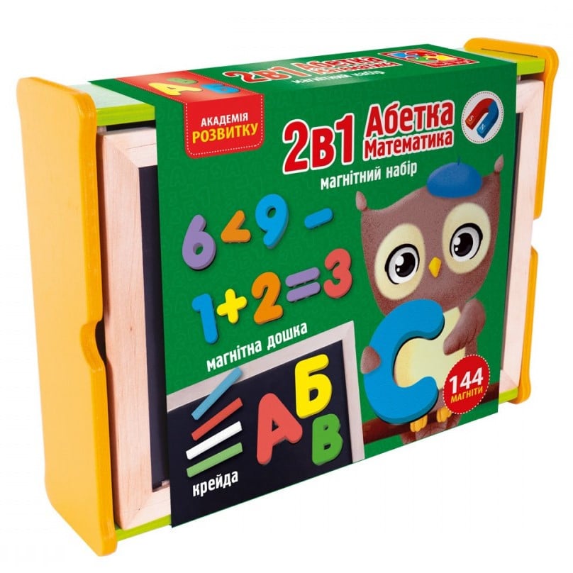 Магнітний набір Vladi Toys 2в1 Азбука та математика, в дерев'яній коробці, українська мова, 144 шт. (VT5411-17) - фото 1